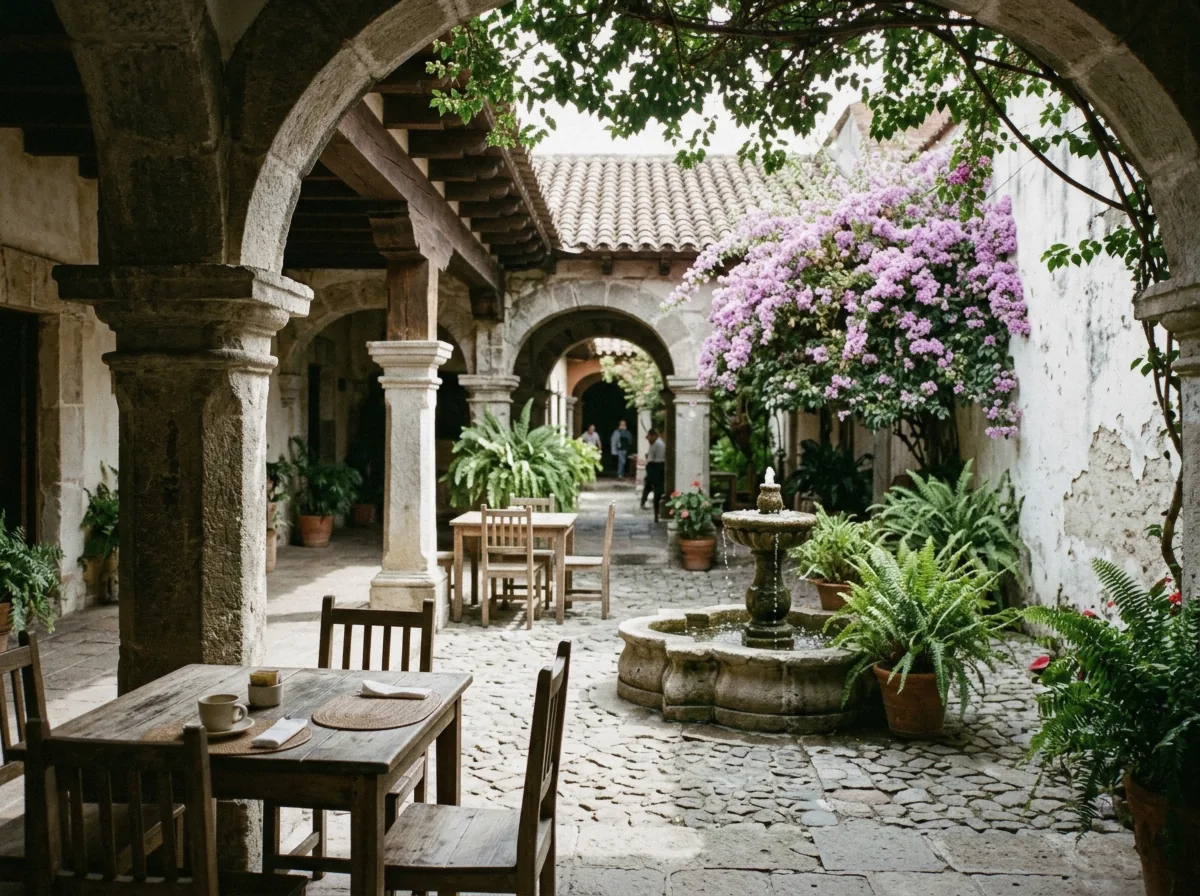 Ivy-covered convent ruins in Antigua Guatemala with a stone archway