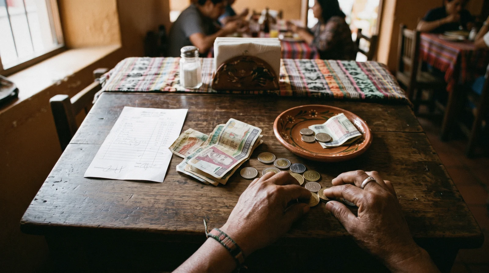 Quetzal notes and coins counted on a café table in Antigua Guatemala, the everyday material of the antigua guatemala cost of travel