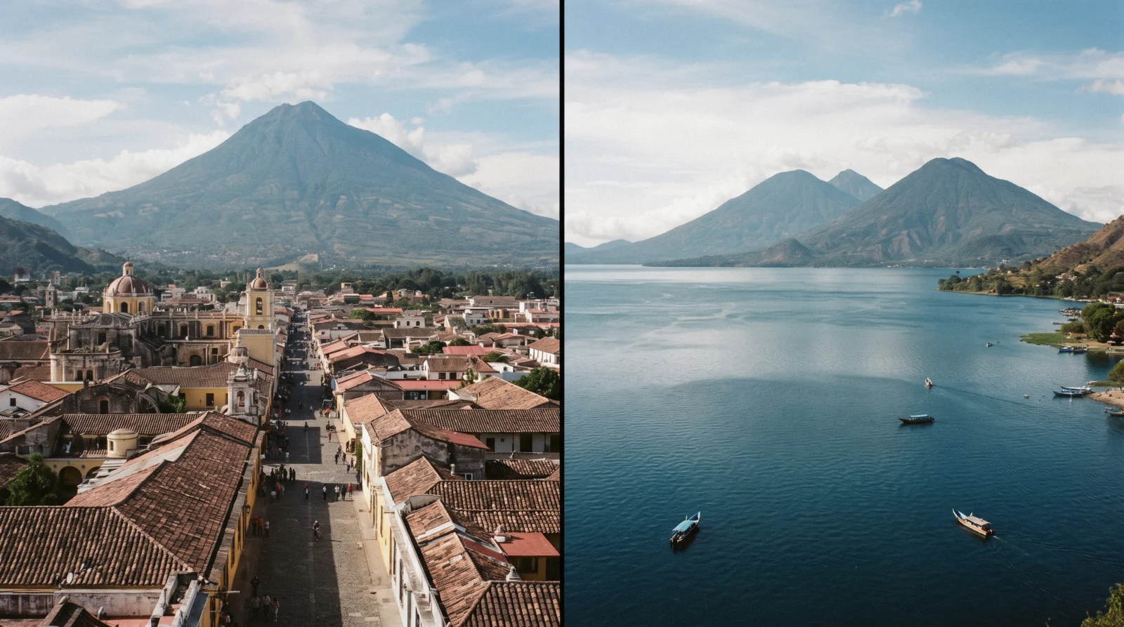 Lake Atitlan seen across the water with a volcano behind