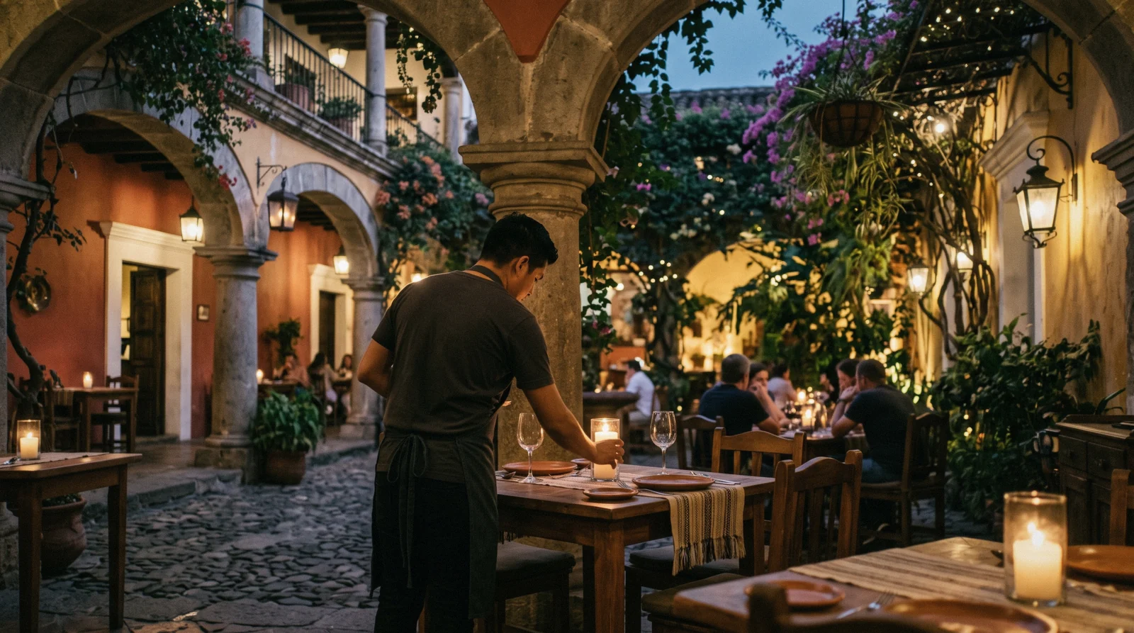 A restaurant courtyard in Antigua Guatemala at dusk with candles on cloth tables under a colonial arch