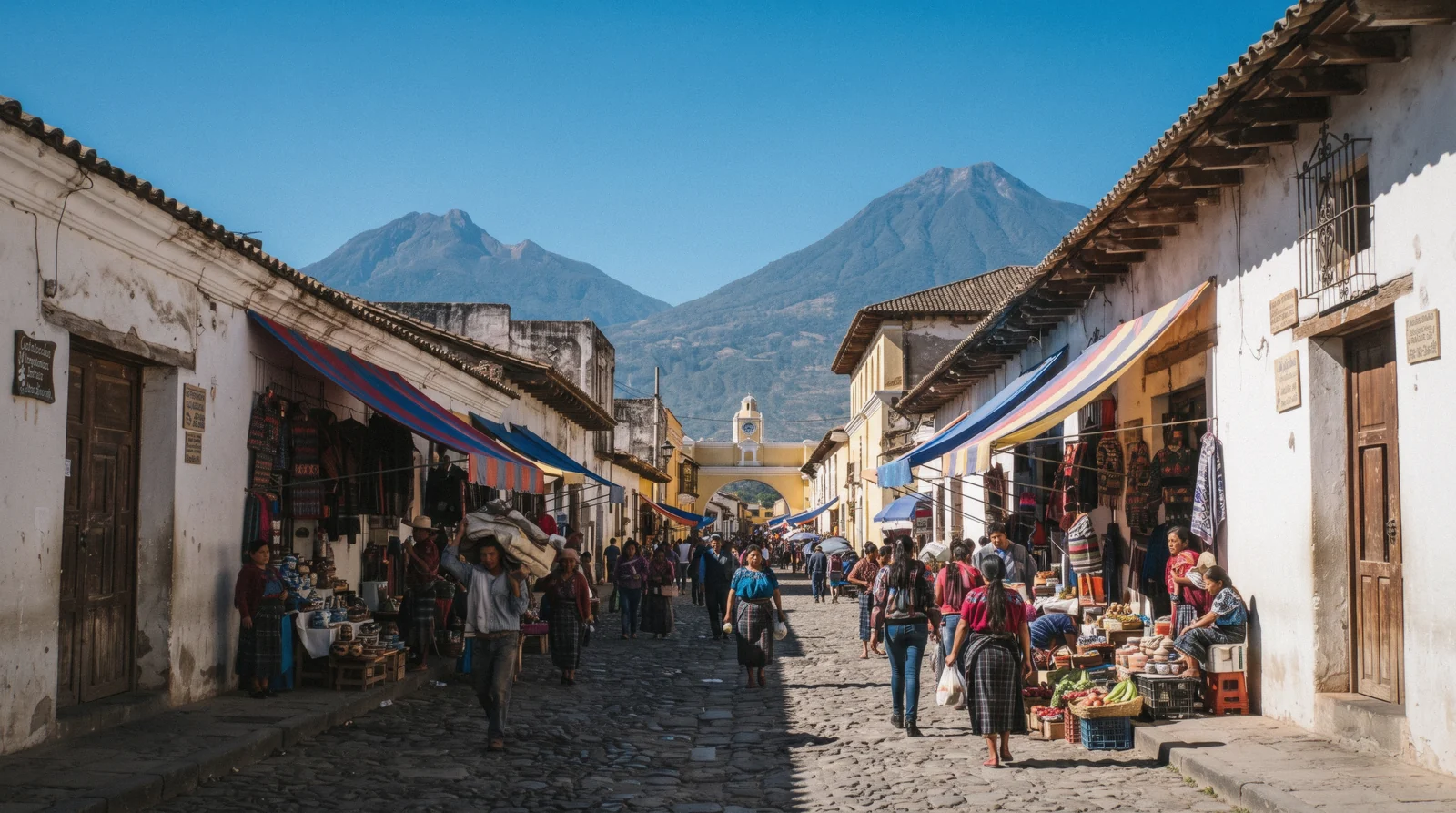 Afternoon light over Antigua Guatemala's rooftops and Volcán de Agua, weighing the best time to visit Antigua Guatemala