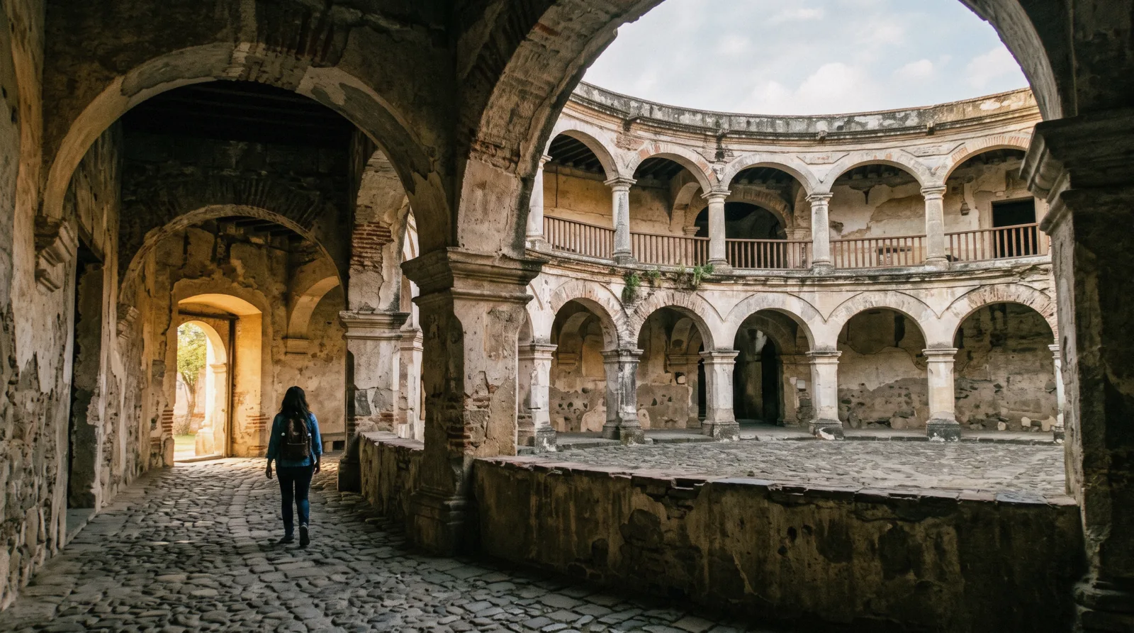 The circular courtyard of the Capuchinas convent in Antigua Guatemala, concentric stone arches in cool shade with warm light from the doorway