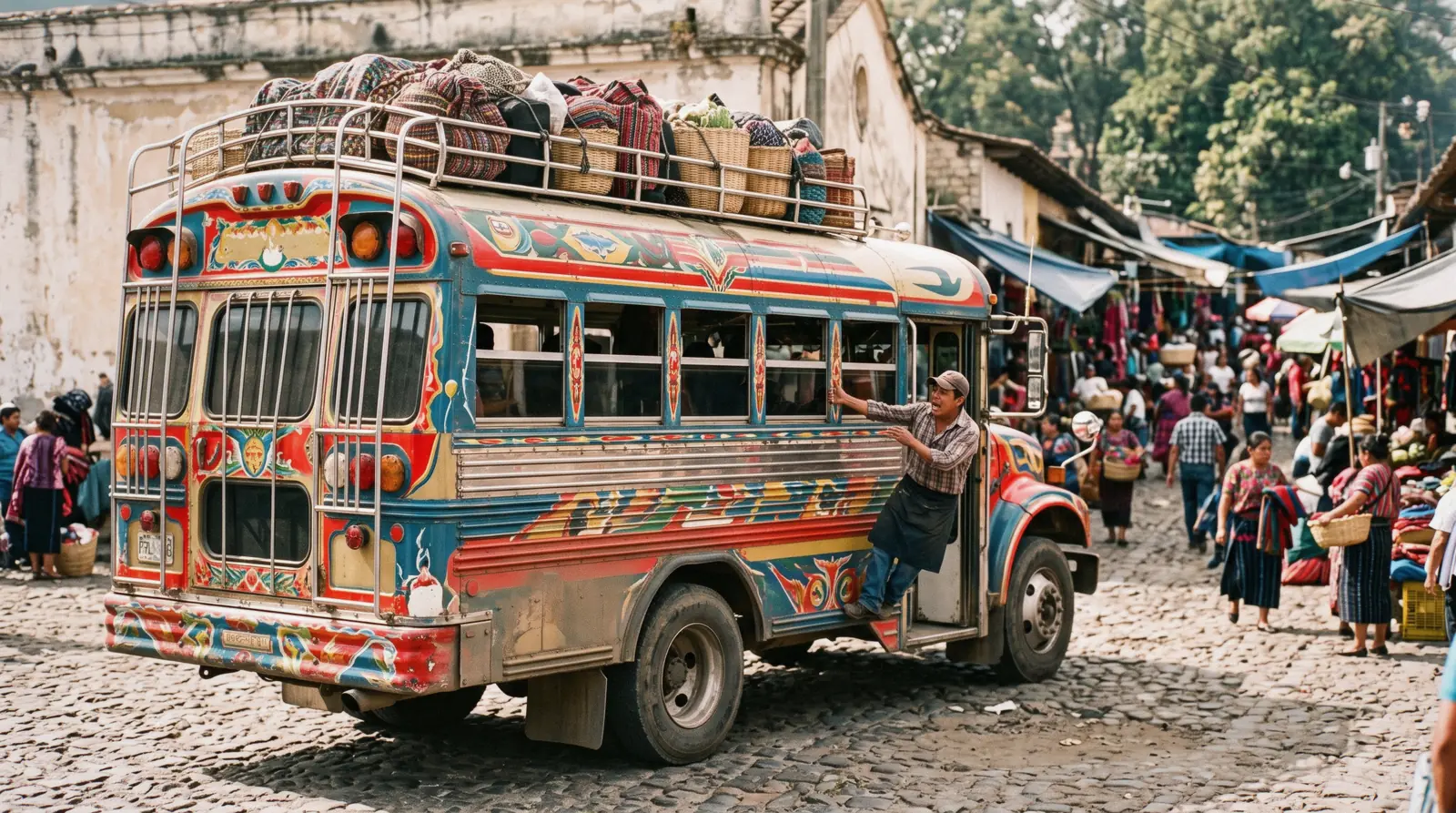 A repainted and decorated chicken bus loading passengers at Antigua's market bus lot
