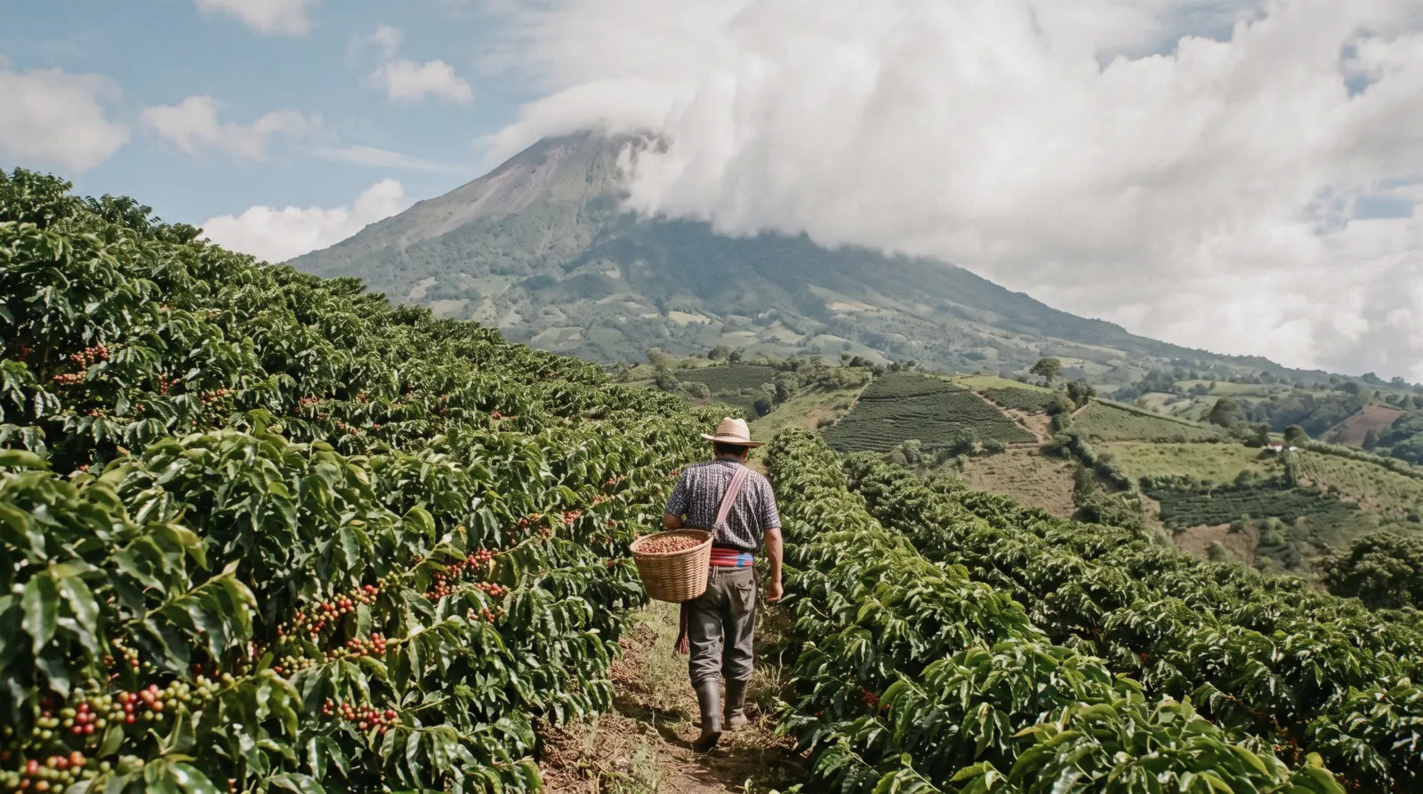 Shaded coffee rows climbing a hillside at the edge of Antigua Guatemala, the estate gate in dappled light under tall trees