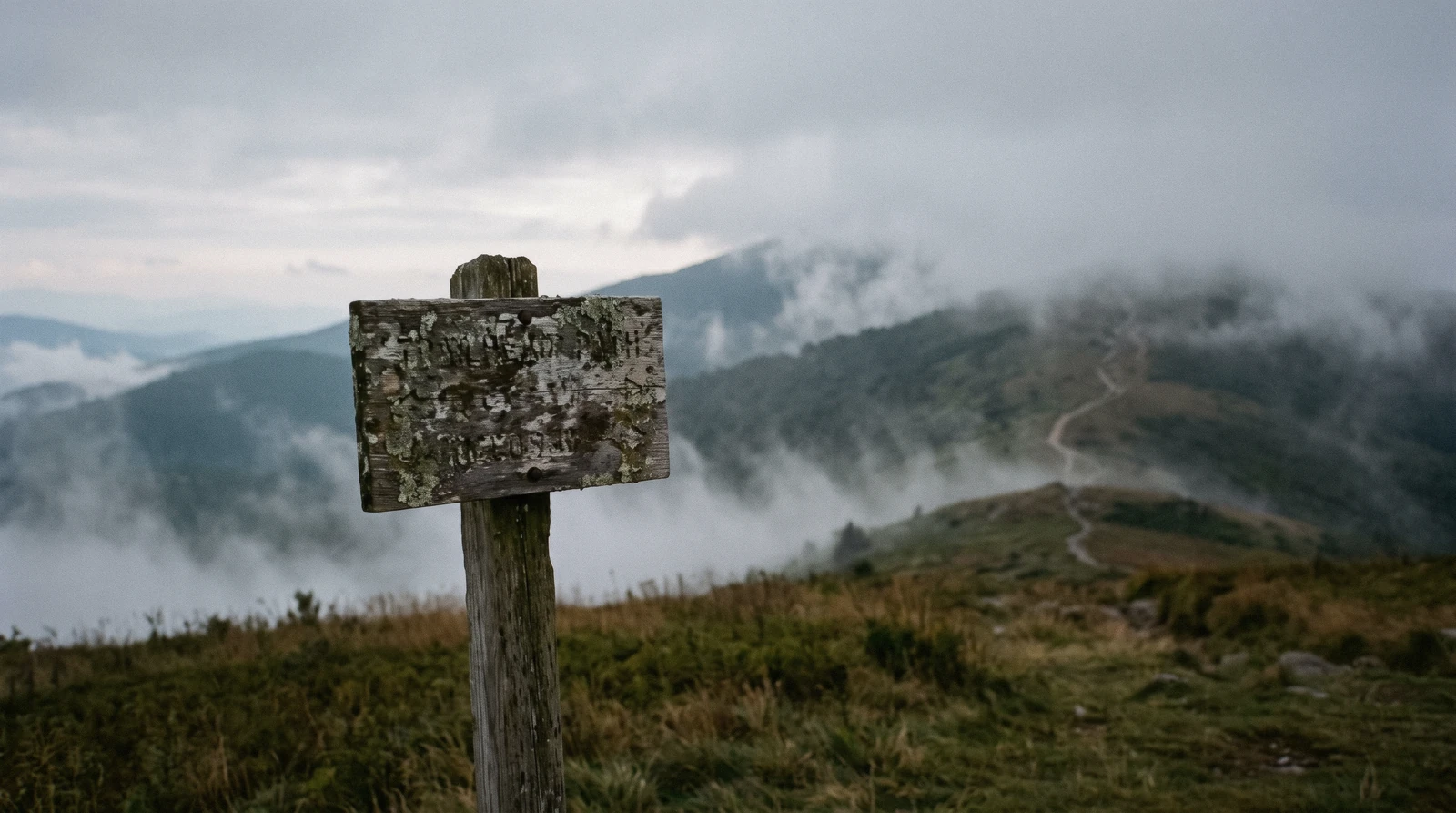 A misted trailhead above the Antigua valley, the summit path vanishing into cloud, hiking near Antigua