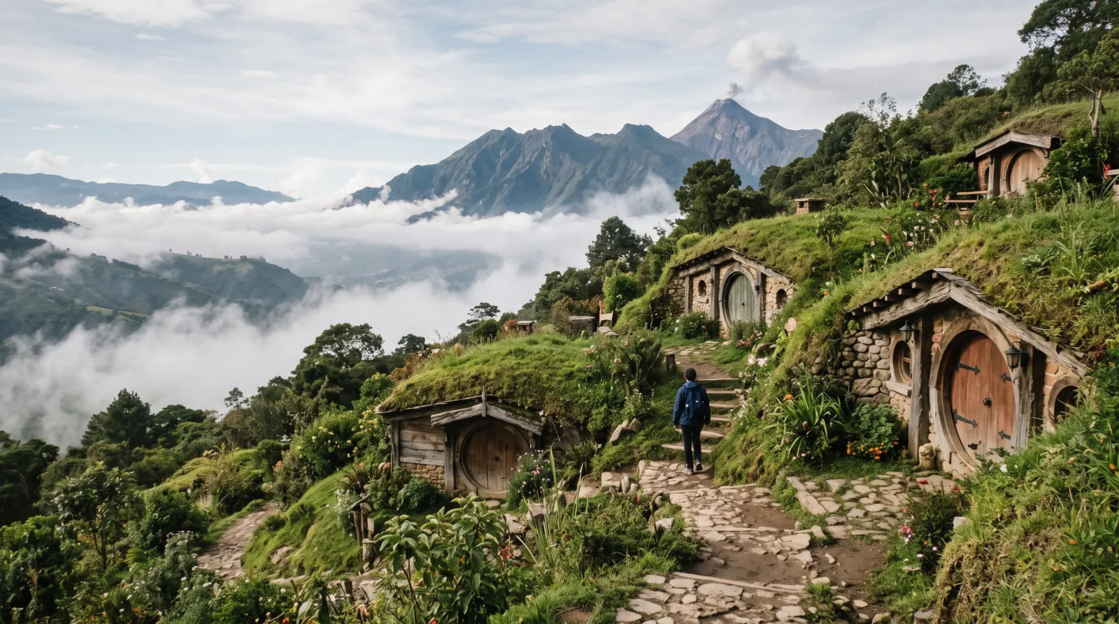 Round doorways and turf roofs of the Hobbitenango hillside park above the Antigua valley, morning fog burning off below