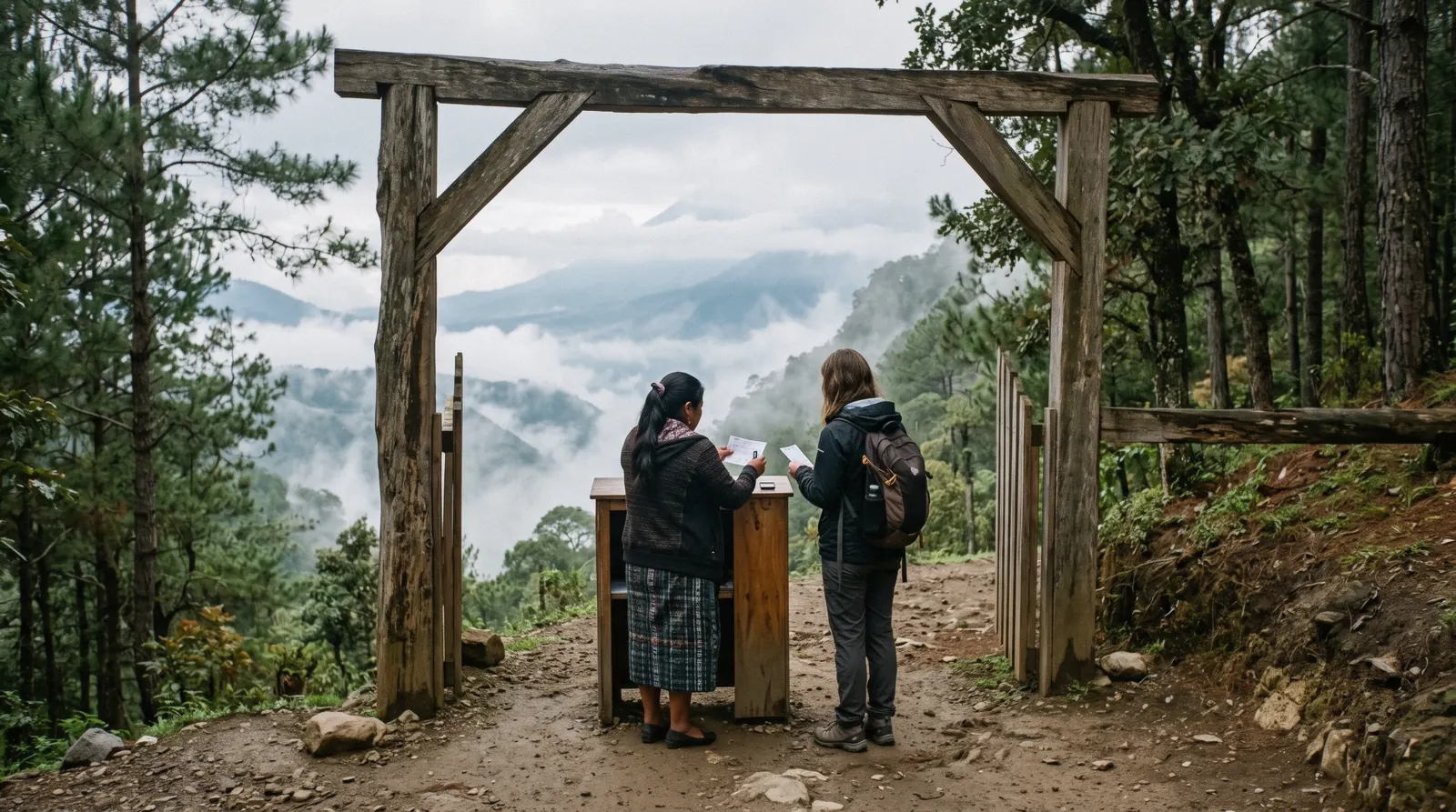 The entry gate of the Hobbitenango ridge-top eco park above Antigua Guatemala, an attendant checking a ticket, misty valley behind