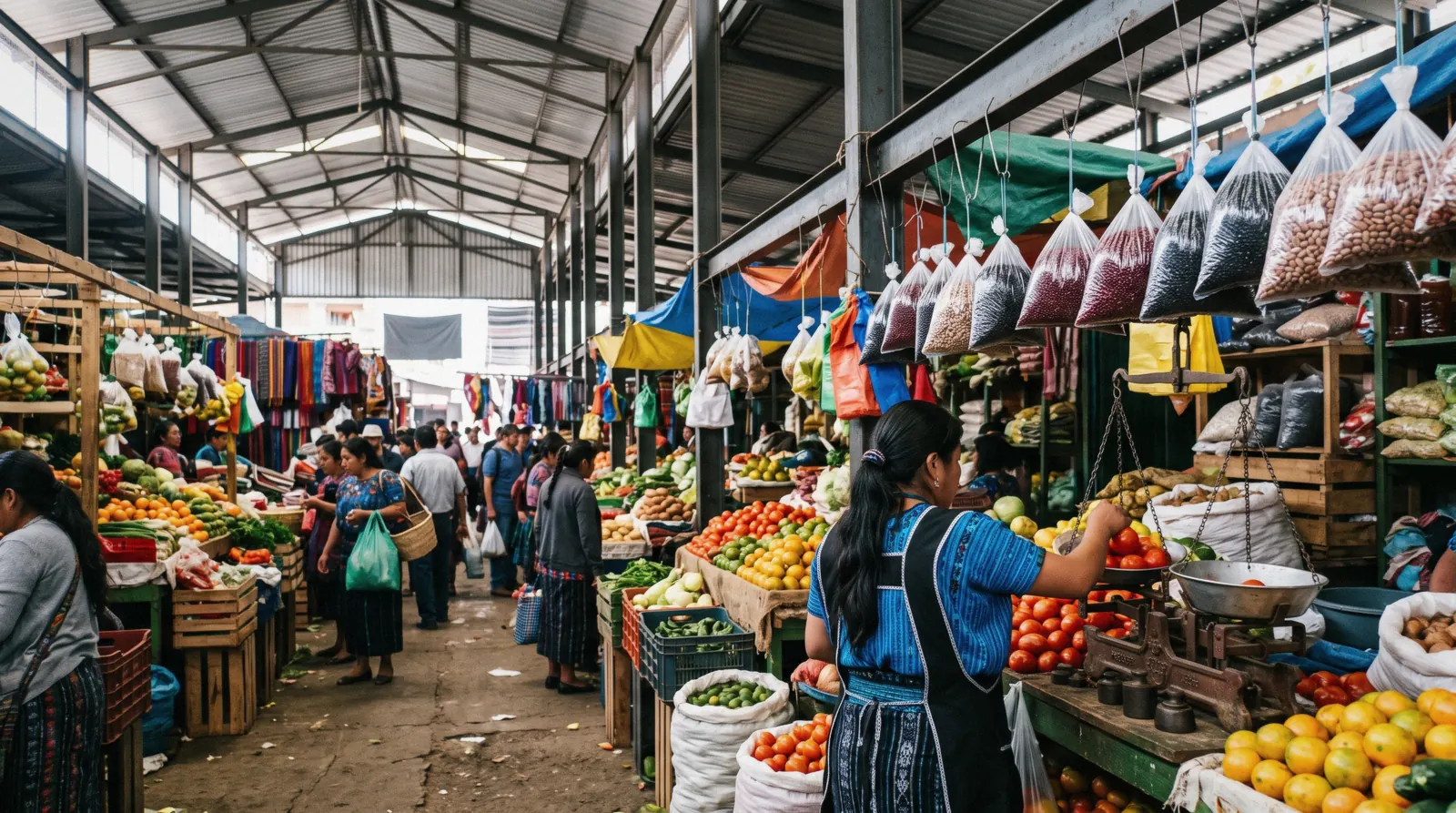 Stalls at the Antigua Guatemala market on 3a Calle Poniente, with the chicken-bus terminal behind