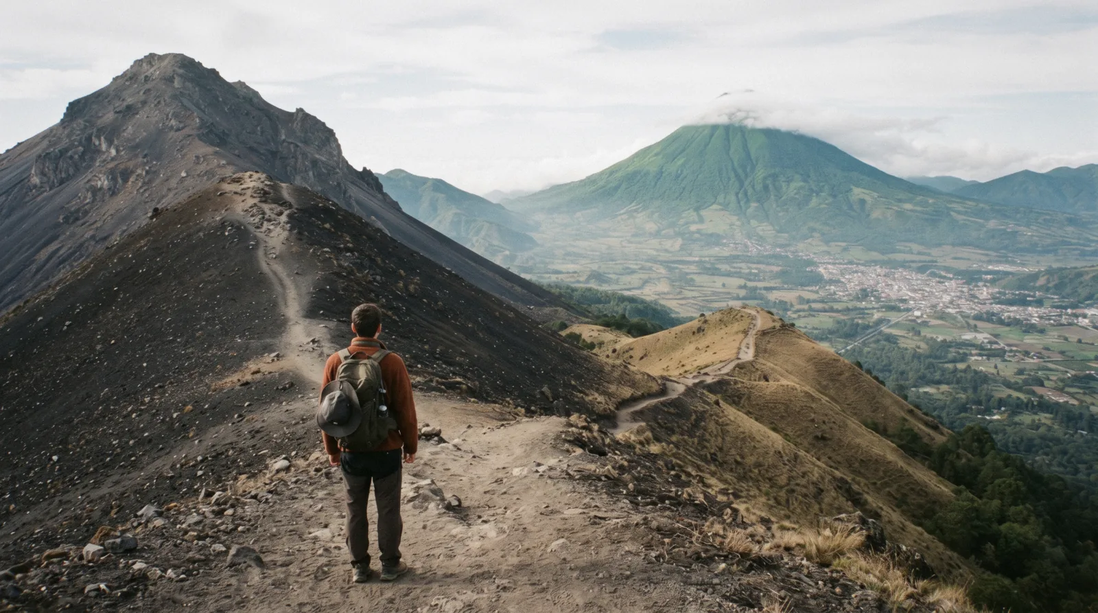 Hikers crossing the black lava fields of Pacaya volcano near Antigua Guatemala