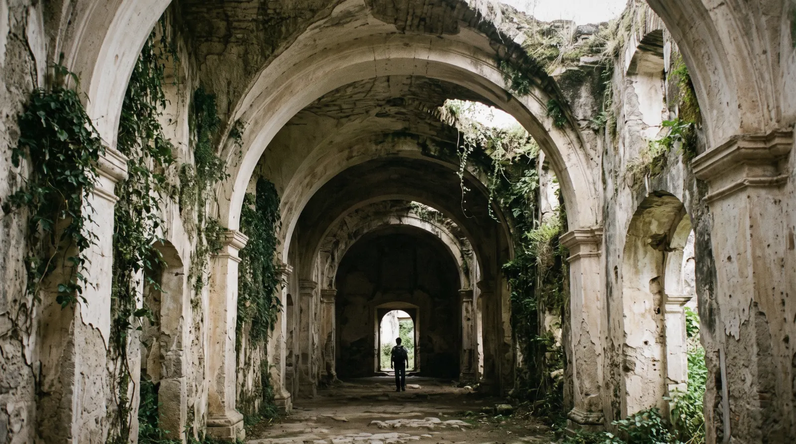The vaulted stone nave of the Santa Clara convent ruins in Antigua Guatemala, ivy on pale arches, soft afternoon light through the roofless windows