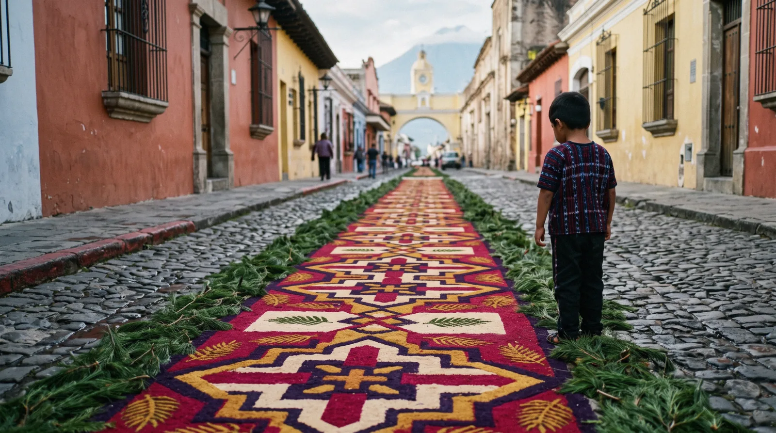 A dyed-sawdust alfombra filling a cobblestone street before a Holy Week procession in Antigua Guatemala