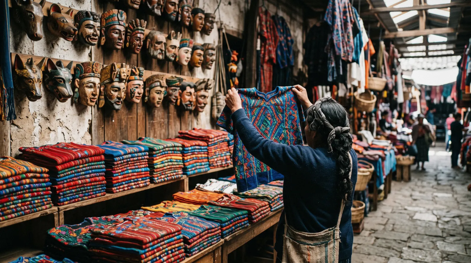 Rolled Guatemalan textiles in jade and carmine tones at a market stall in Antigua Guatemala