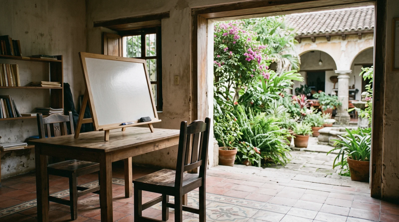 A student and teacher at a table in a courtyard classroom in Antigua Guatemala