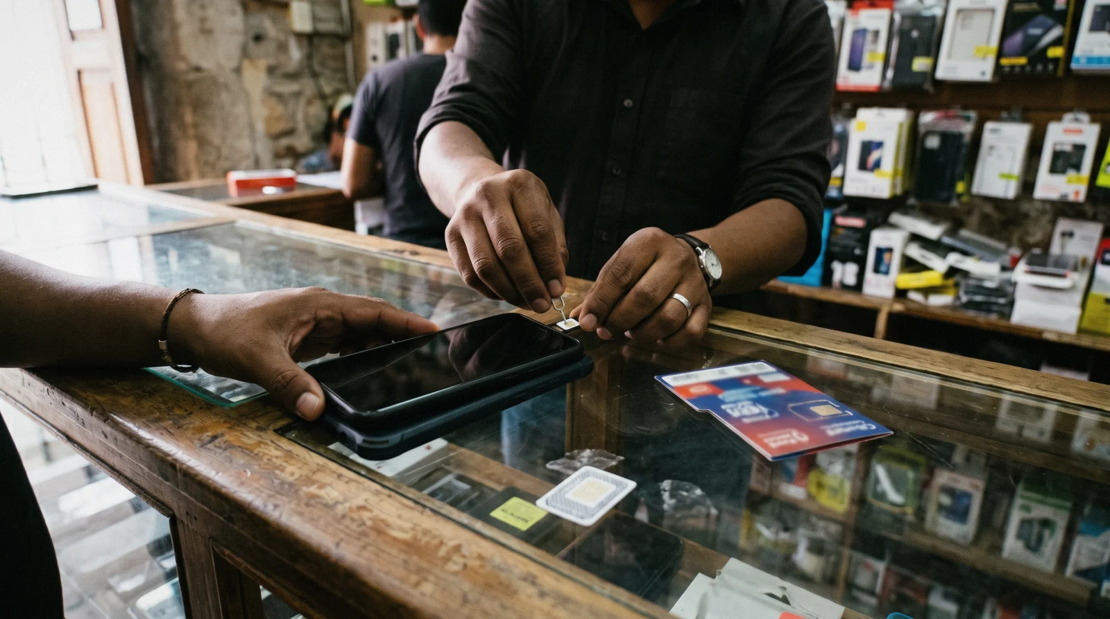 A traveller checking a phone map on a cobblestone street in Antigua Guatemala with a Tigo or Claro prepaid SIM installed