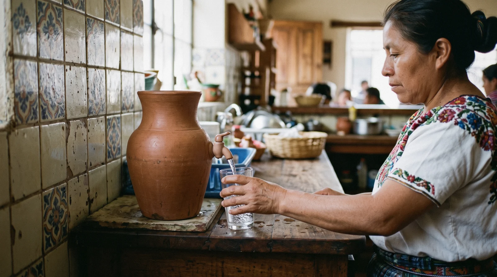 A filtered water jug on a restaurant table in Antigua Guatemala, the safe alternative to tap water