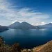 Guided group on the Panajachel waterfront with Lake Atitlan and volcanoes behind